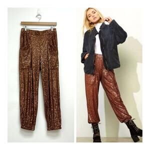 Free People Morelia Sequin Elastic Waist Pull-On Jogger Pants Bronze - Small